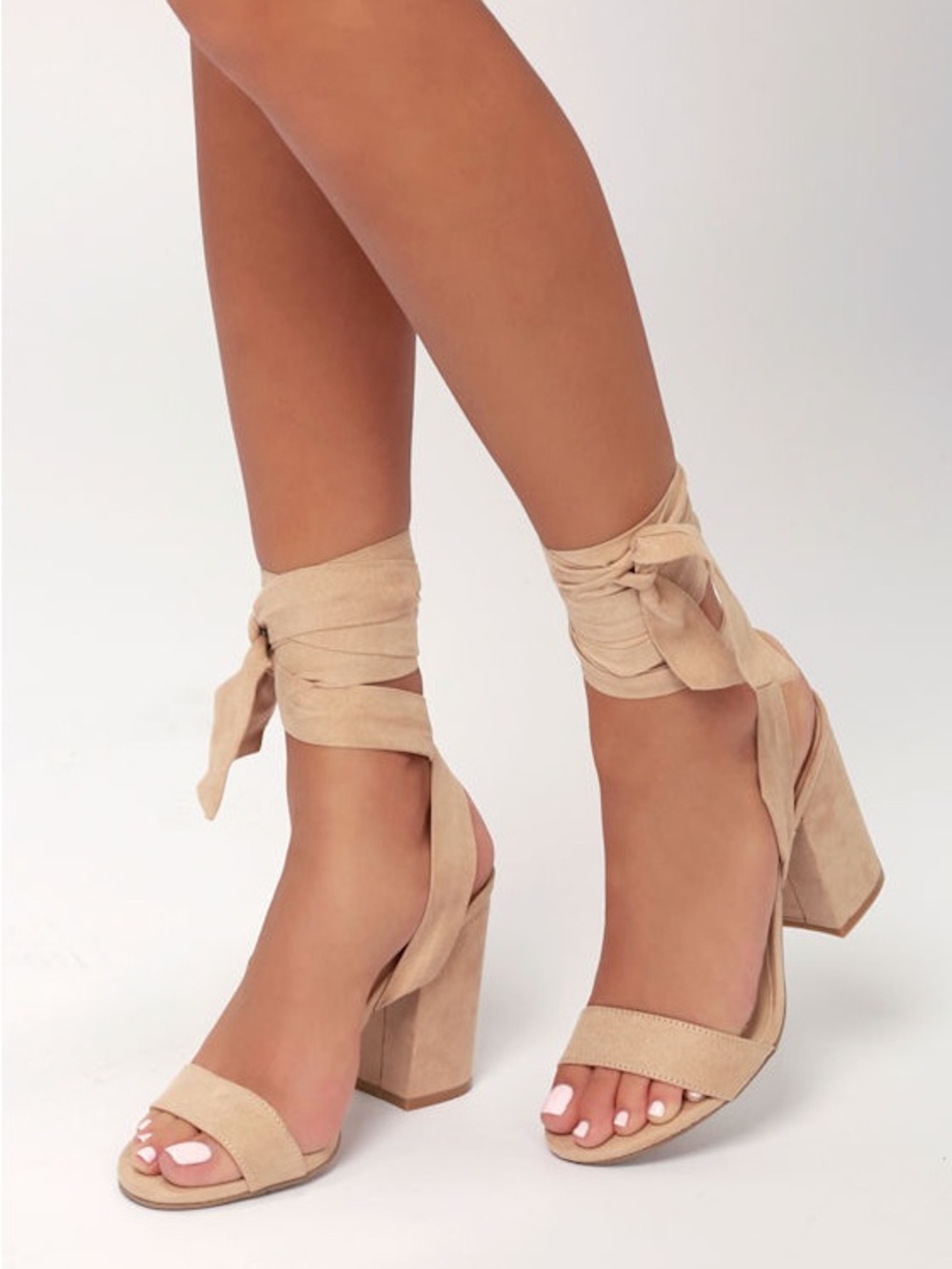 Lulus Women’s 7.5 Beige Suede Wrap Ankle Block Heel Sandals Strappy Heels